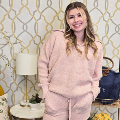 Model wearing Lillie's Ultra-Soft Lounge Pullover, showcasing its cozy style and relaxed fit in a pastel hue.